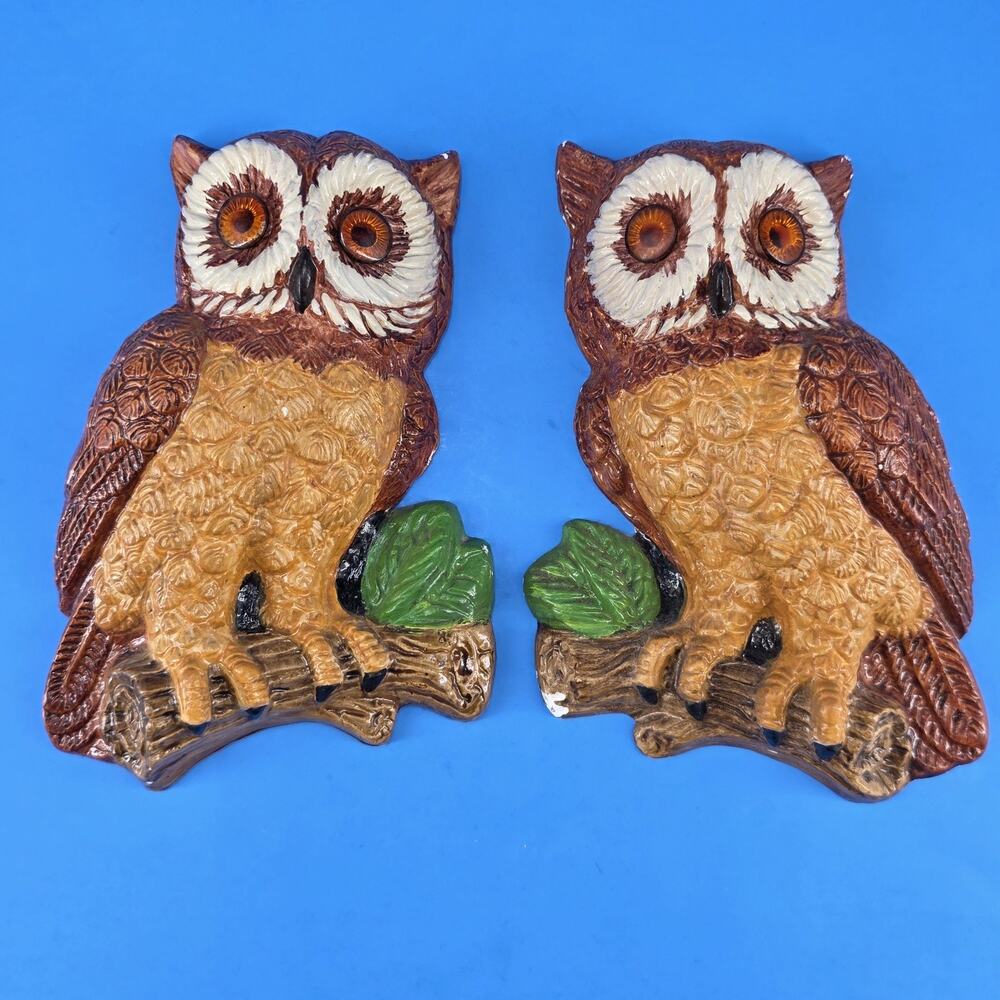 2 Vtg Chalk Ware Owls Perched on Branch, Wall Hanging Cottage Core Kitchy Decor